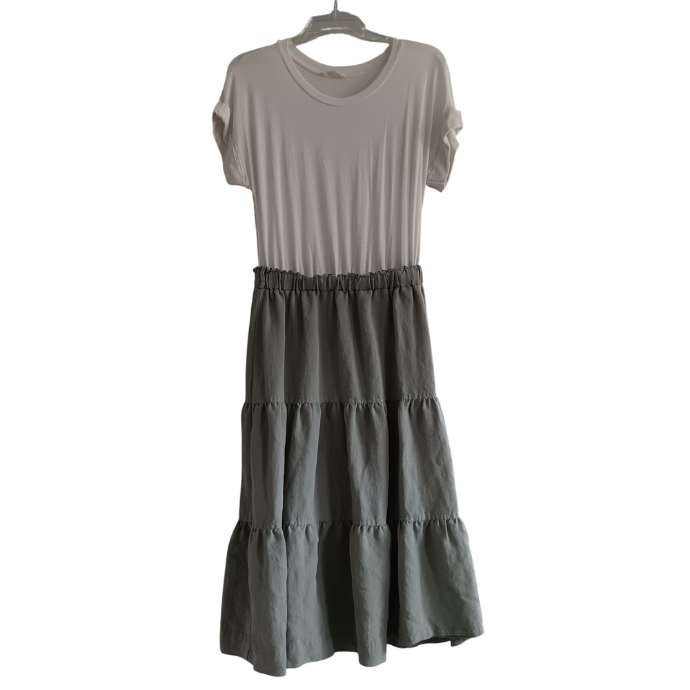 August Sky Midi Dress Women Med White Green Tiered Mixed Media Cottagecore